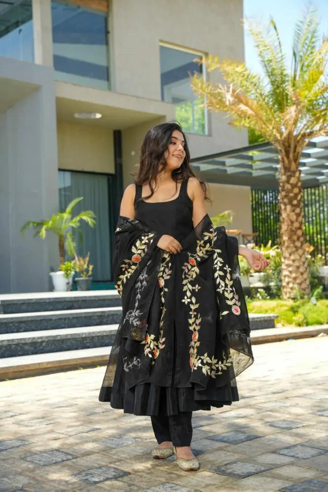 Black Colored Real Heavy Embroidery Work Gown Set LW 137