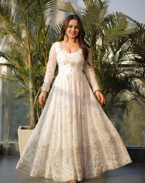 White Colored Real Heavy Embroidery Work Anarkali Suit Set LW 399