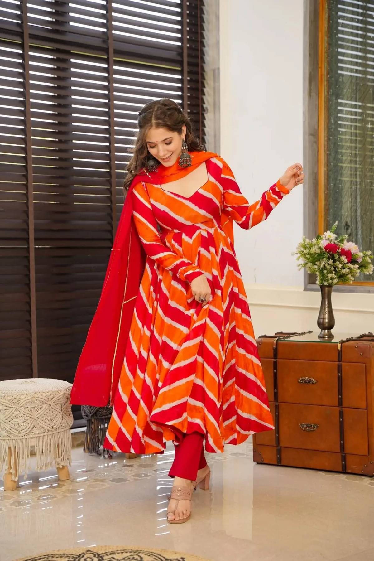 Orange Colored Real Heavy Printed Work Gown Set LW 140