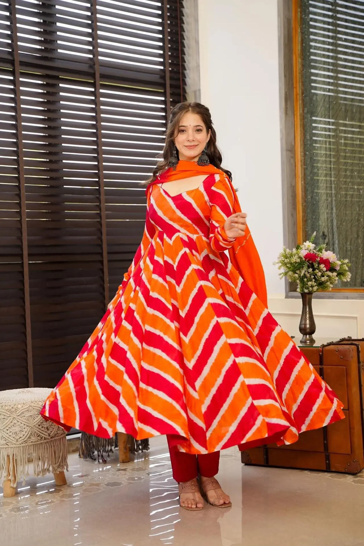 Orange Colored Real Heavy Printed Work Gown Set LW 140